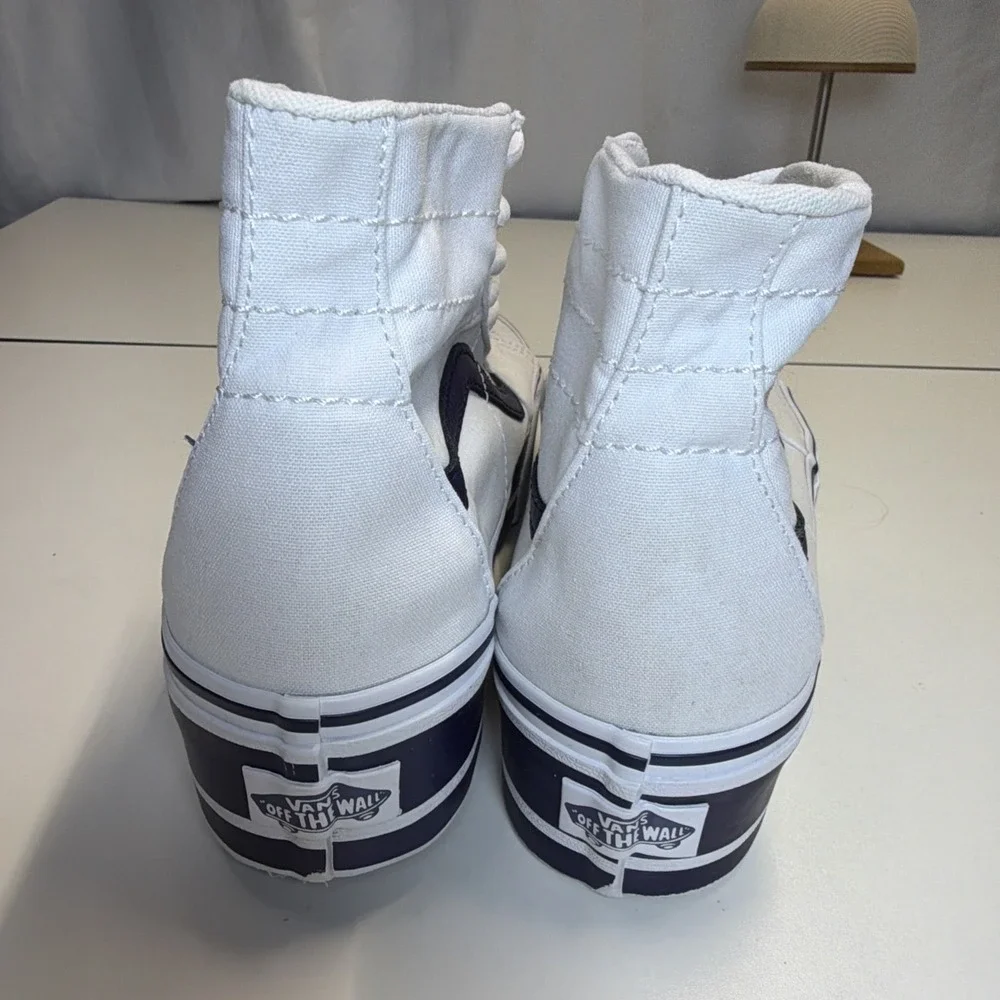 VANS Sk8-Hi Tapered Sport Platform Shoes White Canvas Navy Women 9‎ Men 7.5